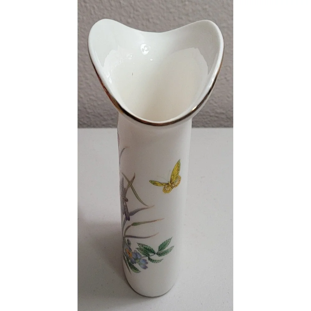 Floral Butterfly Ceramic Vase Flared Gold Rim White Iris Botanical Decor 6.5in